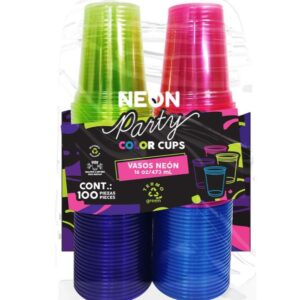 Vaso neon plastocos desechable 16oz. 473ml. Paq. 100