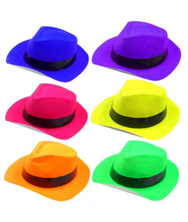 Sombrero plastico neon liso tipo gángster con cinta