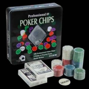 Juego de póker con caja metálica, 100 fichas + 2 juegos de cartas + crupier de fichas