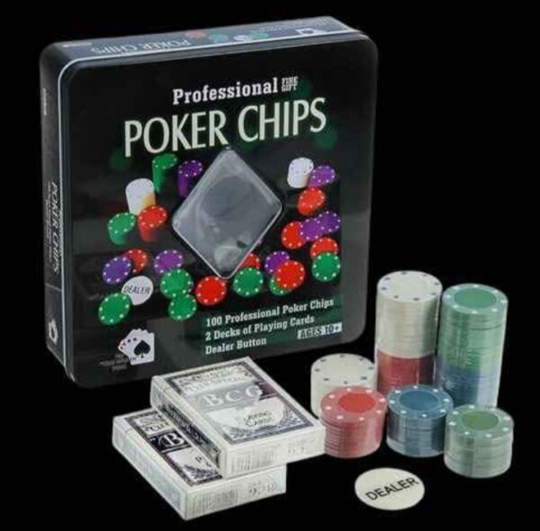 Juego de póker con caja metálica, 100 fichas + 2 juegos de cartas + crupier de fichas