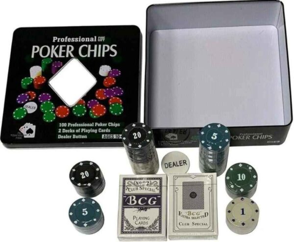 Juego de póker con caja metálica, 100 fichas + 2 juegos de cartas + crupier de fichas - Image 4