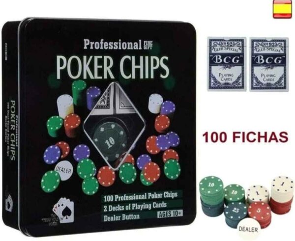 Juego de póker con caja metálica, 100 fichas + 2 juegos de cartas + crupier de fichas - Image 3